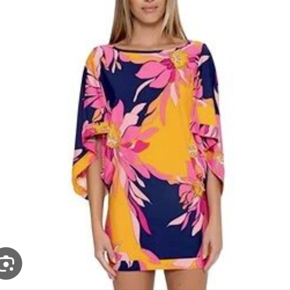 Trina Turk Bright Mod Floral Batwing Sleeve Dress Navy Blue Orange M - Picture 1 of 11